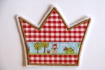 Krone mit Rotkappe Webband, vichykaro rot/weiss